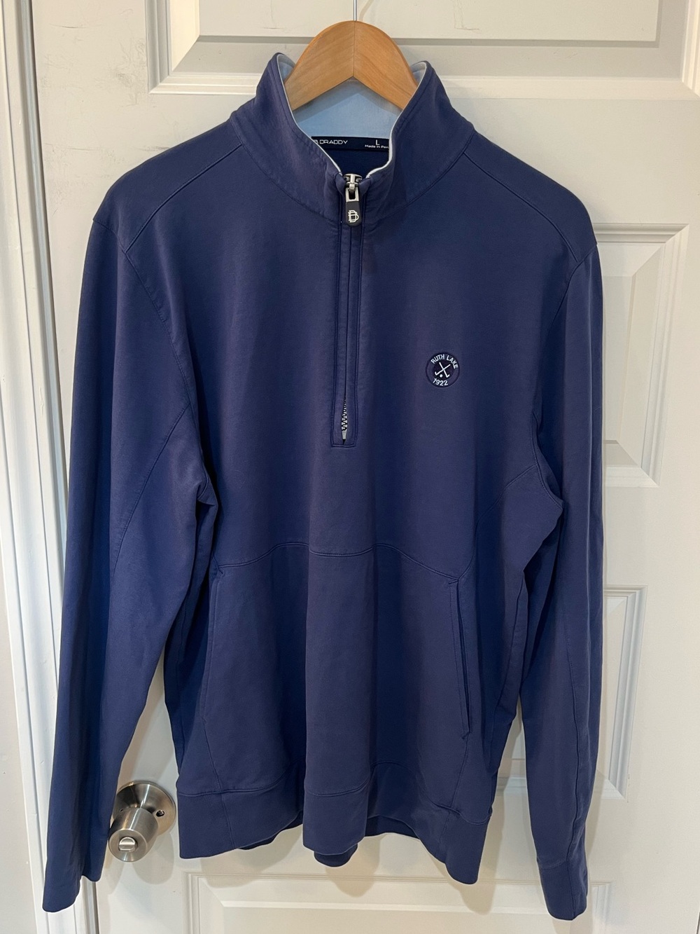 B DRADDY Sweater Quarter Zip Pullover Mens L Blue Ruth Lake Country Club Golf
